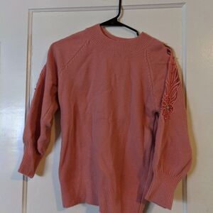 Shein Sweater Sheer Applique Accent Pink Salmon Top Med Cottagecore Prep Grandma